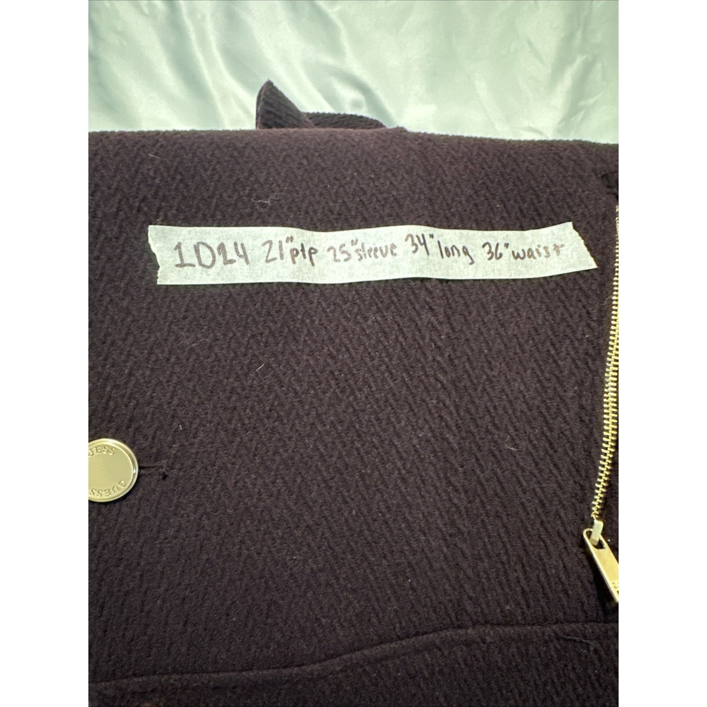 Guess Wool Overcoat Size L Plum Chevron Button Jacket Gold Accents Dark Purple