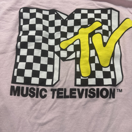 MTV Pink Checkers Long Sleeve T Shirt Womens L 21" PTP Music TV 1A17