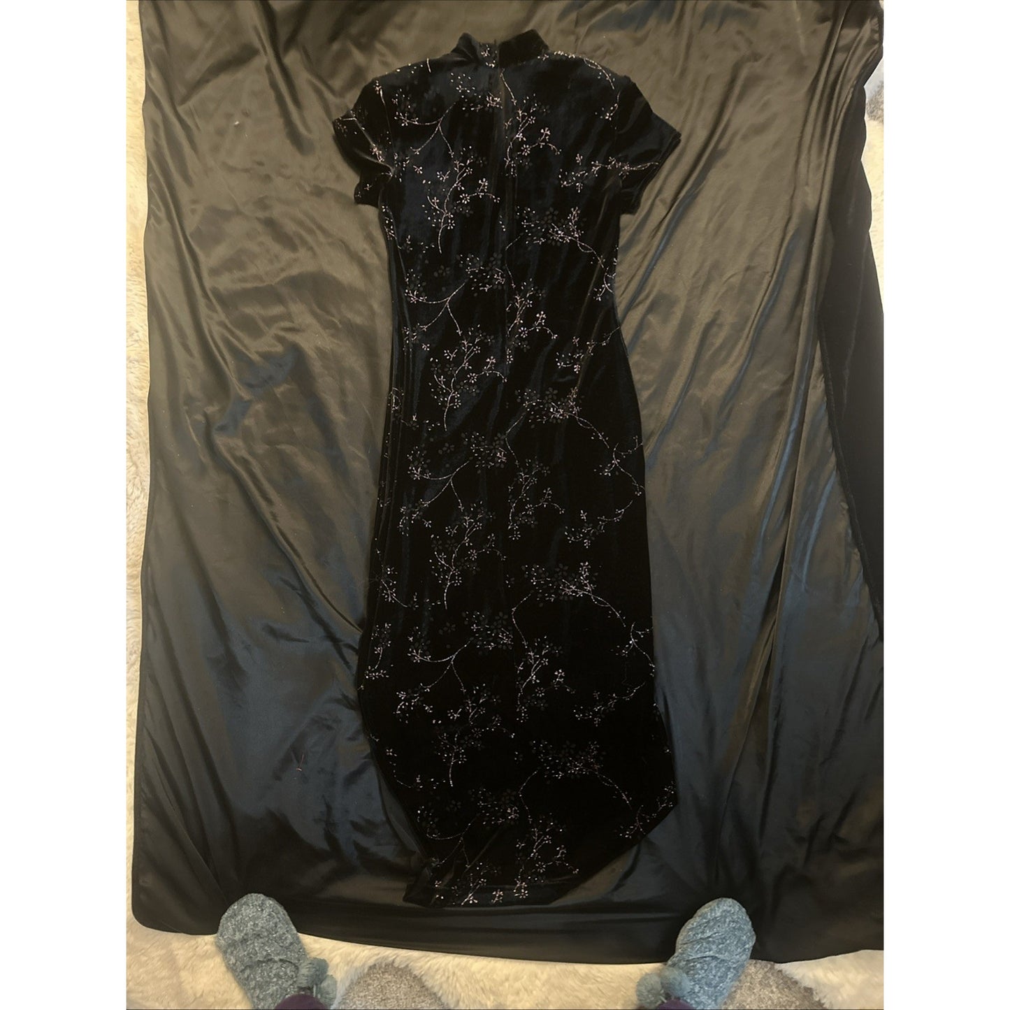 Dress Barn Velour Cherry Blossom Qipao Size 10 Shoulder Pads 90's Vtg Black 1C11