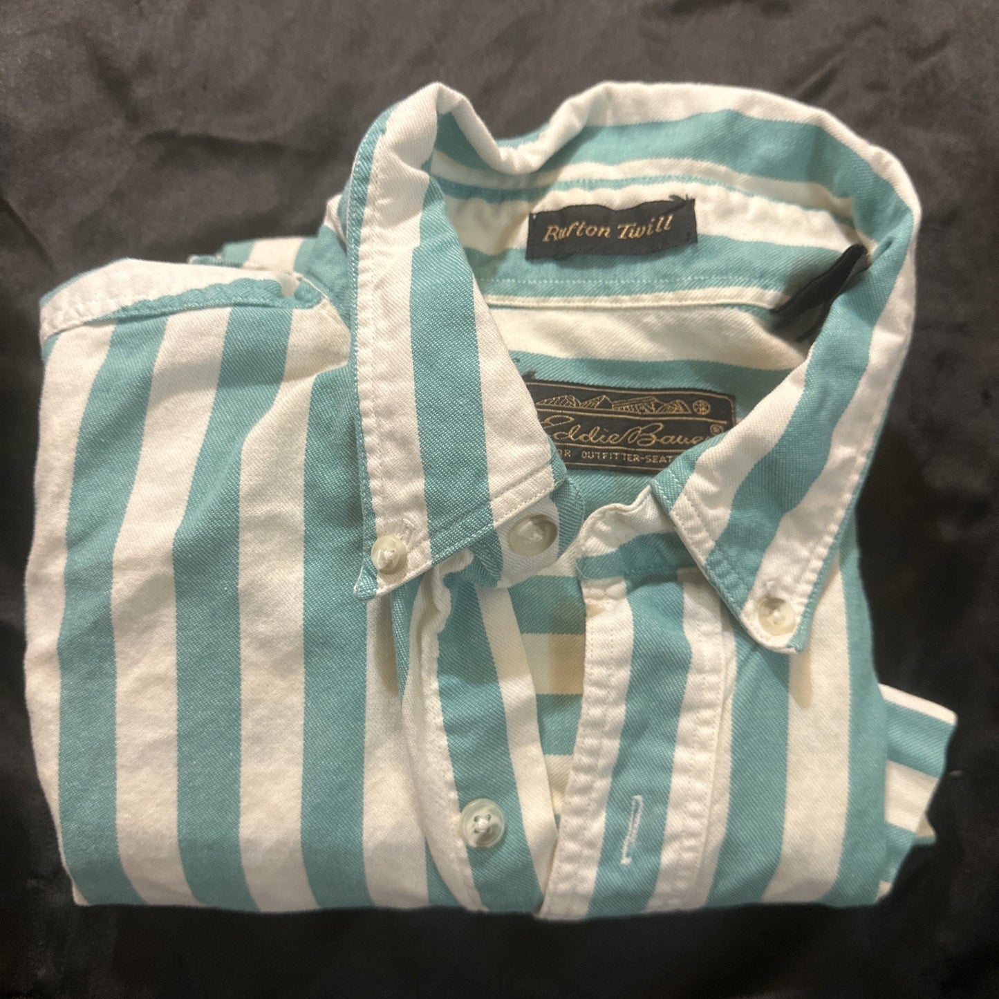 Vtg Eddie Bauer M Rufton Twill Turquoise Striped Casual Button Shirt USA 1A16