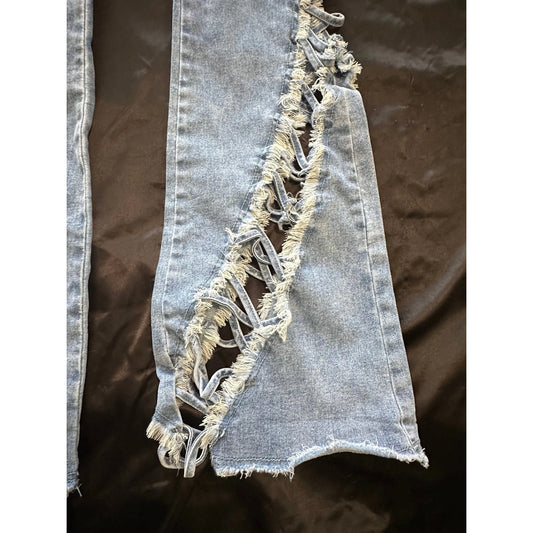 Fashion Nova Womens High Rise Flare Jeans Size 11 Lace Up Cutout Distressed