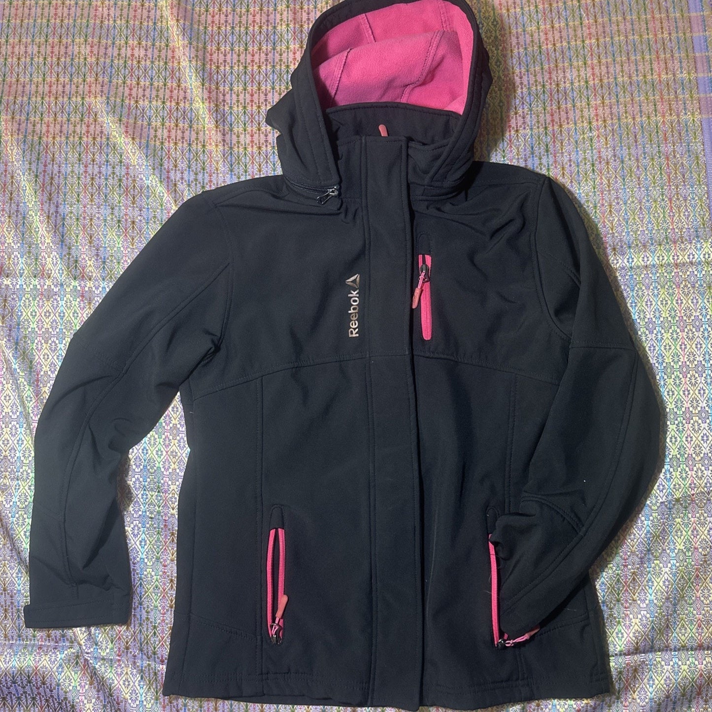 Reebok Black Waterproof Zip Jacket Youth L (14/16) Fleece Lined Pink Accents