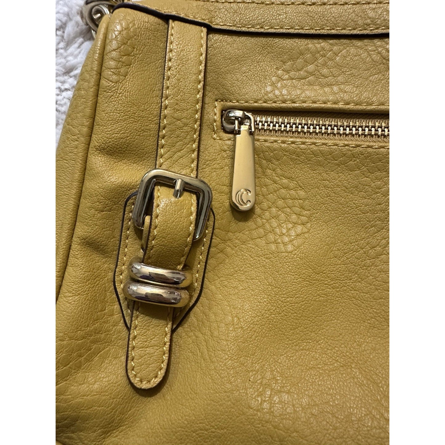 C Crossbody Bag Purse Mustard Yellow Faux Leather 10”x7” Gold Hardware