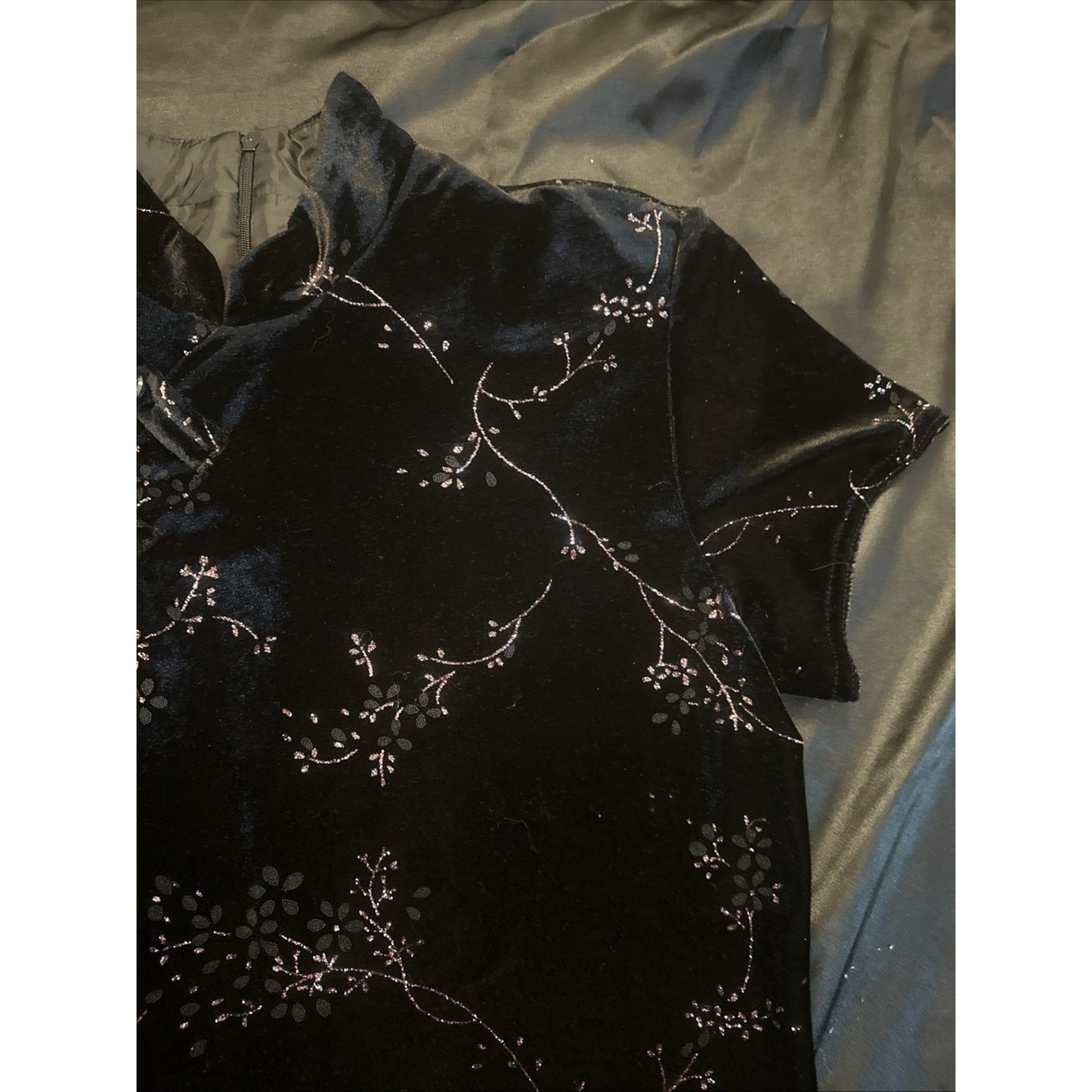 Dress Barn Velour Cherry Blossom Qipao Size 10 Shoulder Pads 90's Vtg Black 1C11