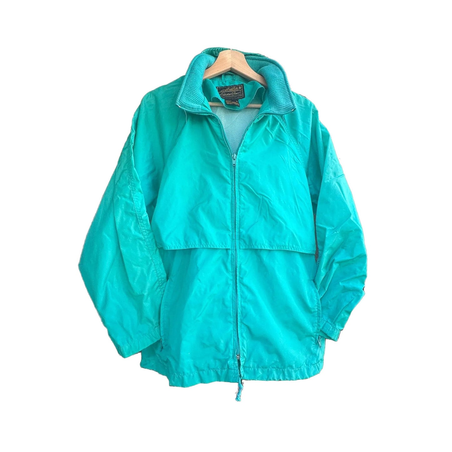 Eddie Bauer Vtg Nylon Windbreaker Jacket Women's L Teal Full Zip Hooded Coat