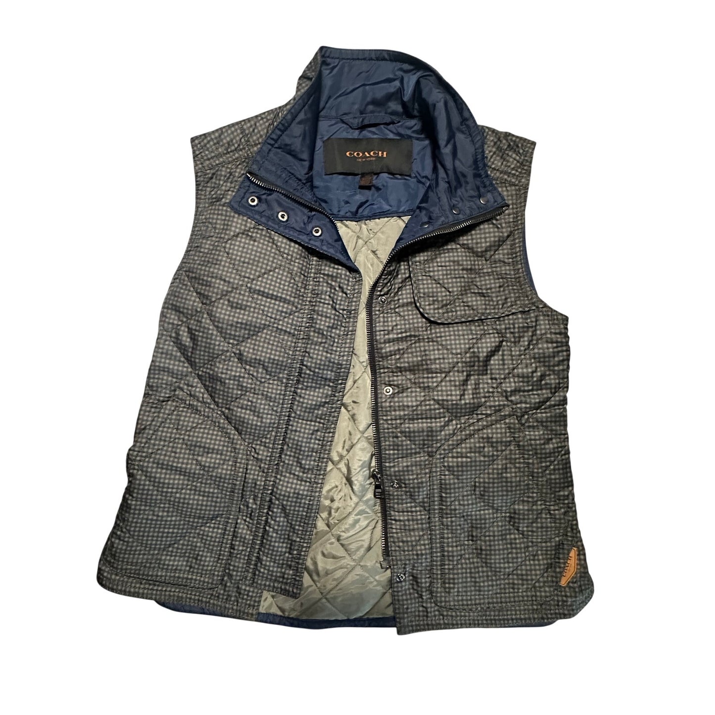 Coach Diamond Quilted Puffer Vest Navy Blue/Gray Size XS Leather Trim | 2C11