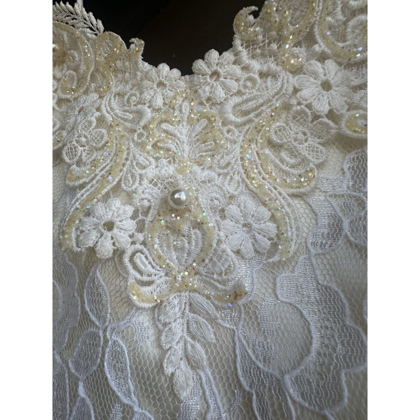 True Vtg Steppin Out Dress White Lace Glitter Detached Sleeves Size 11 USA Made