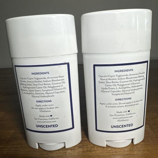 Native Deodorant UNSCENTED SET OF 2 Aluminum Free, 72 Hour Odor Control, 3 oz