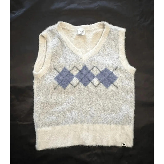 Abercrombie Kids Youth Argyle Sweater Vest Size 11/12 Gray Blue Fuzzy Knit