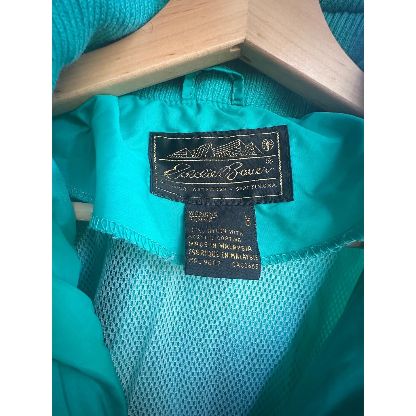 Eddie Bauer Vtg Nylon Windbreaker Jacket Women's L Teal Full Zip Hooded Coat