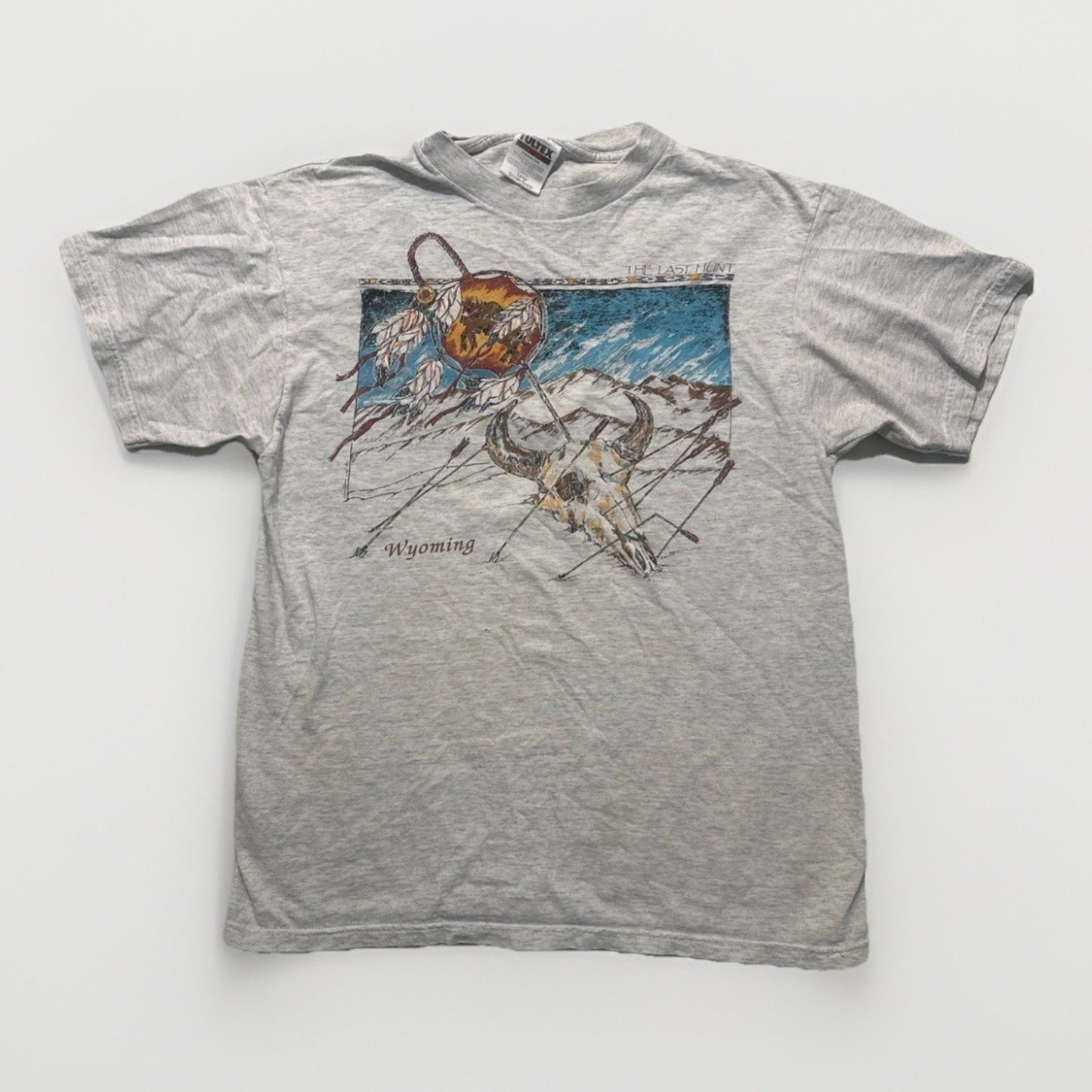 Vtg Tultex T Shirt Wyoming Destination Tee Gray Size L Buffalo Skull 1D29