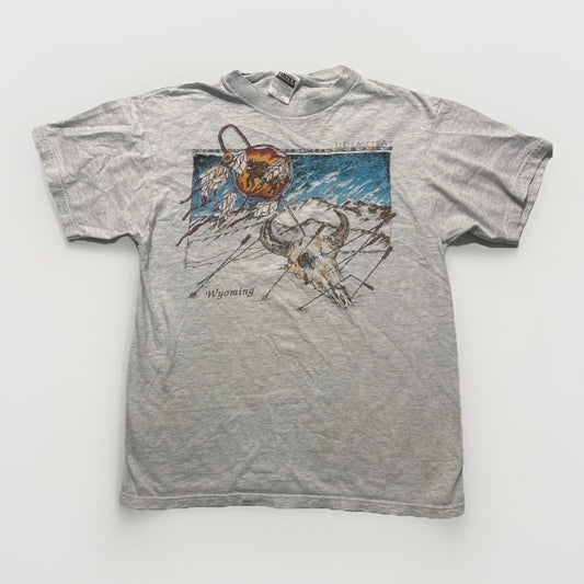 Vtg Tultex T Shirt Wyoming Destination Tee Gray Size L Buffalo Skull 1D29
