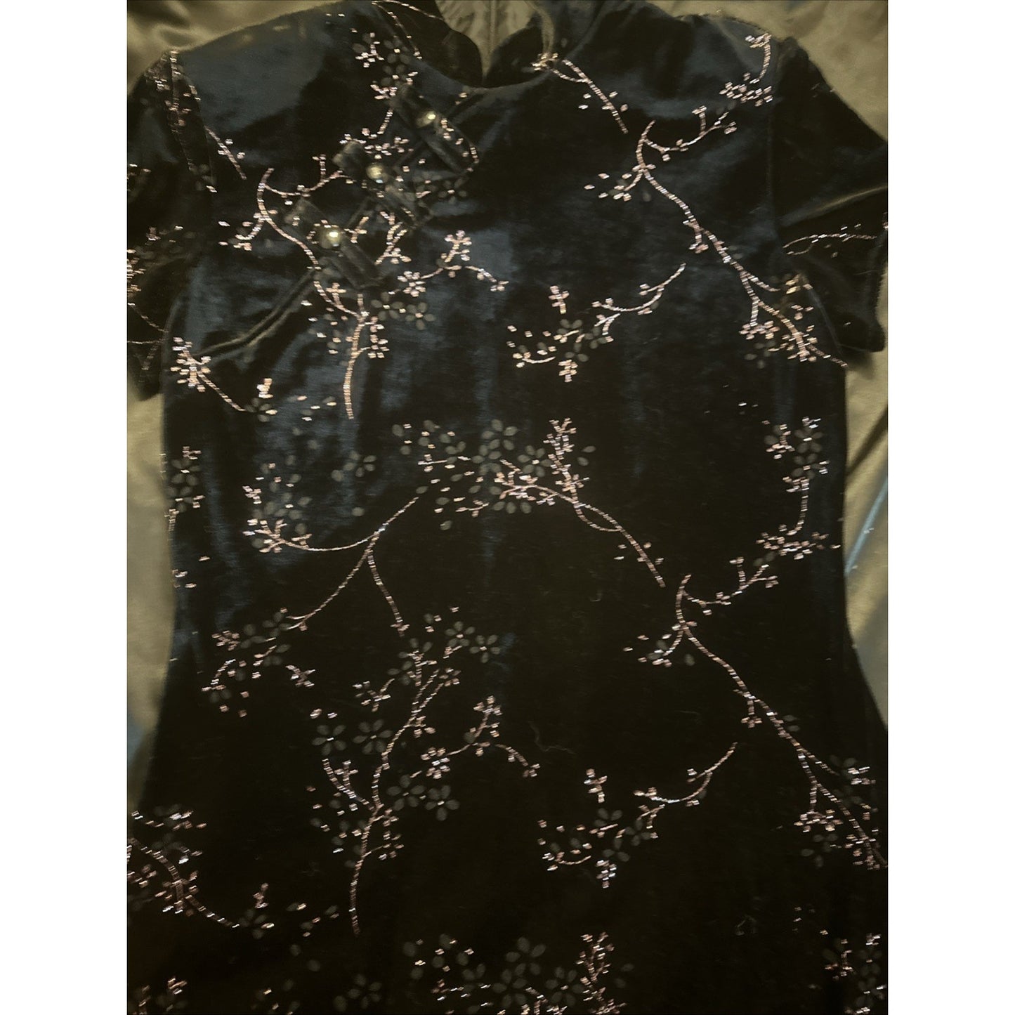 Dress Barn Velour Cherry Blossom Qipao Size 10 Shoulder Pads 90's Vtg Black 1C11