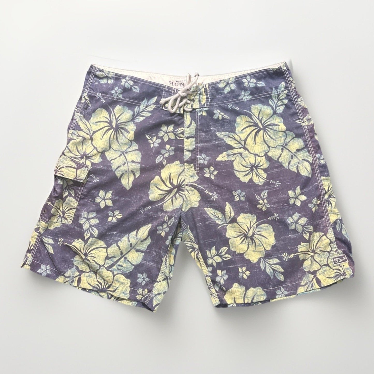 Honolulu Board Shorts Mens Size 42 Hibiscus Yellow/Blue Pockets 1D10