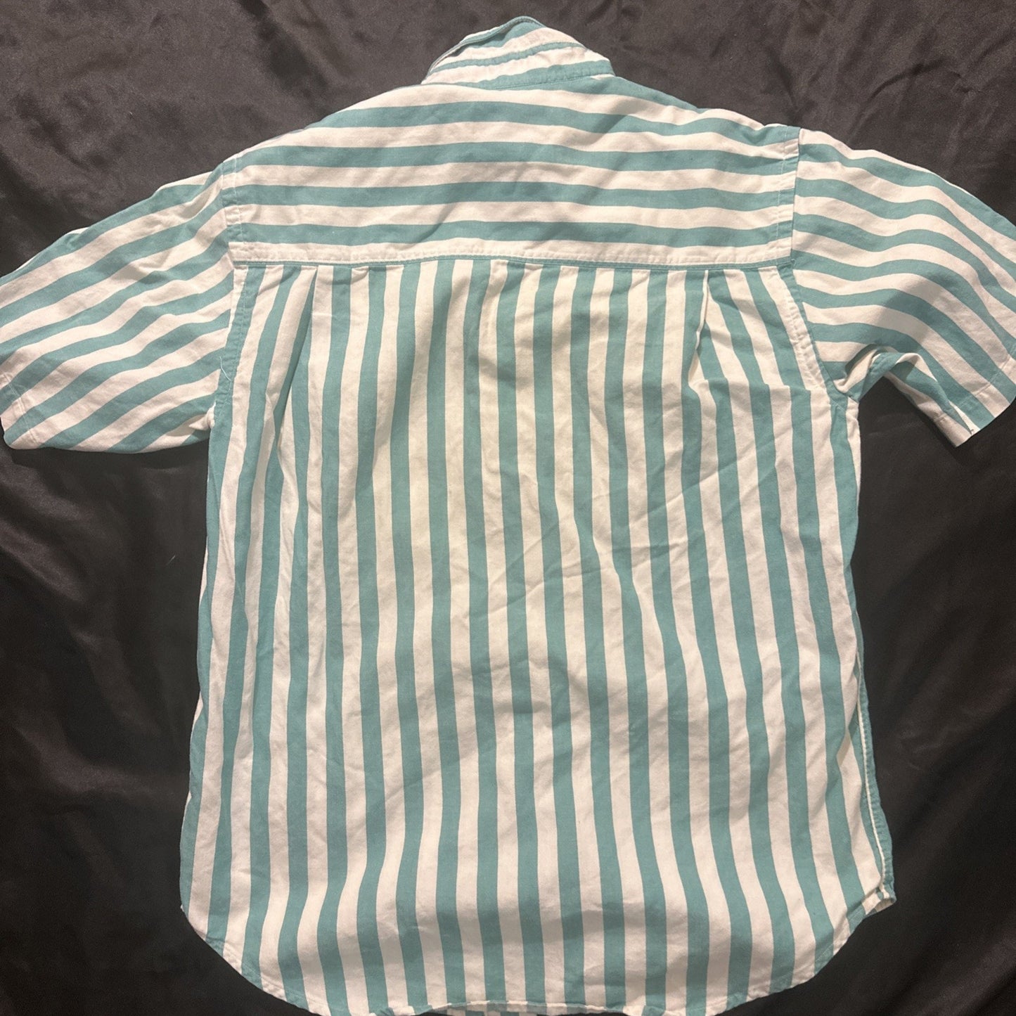 Vtg Eddie Bauer M Rufton Twill Turquoise Striped Casual Button Shirt USA 1A16