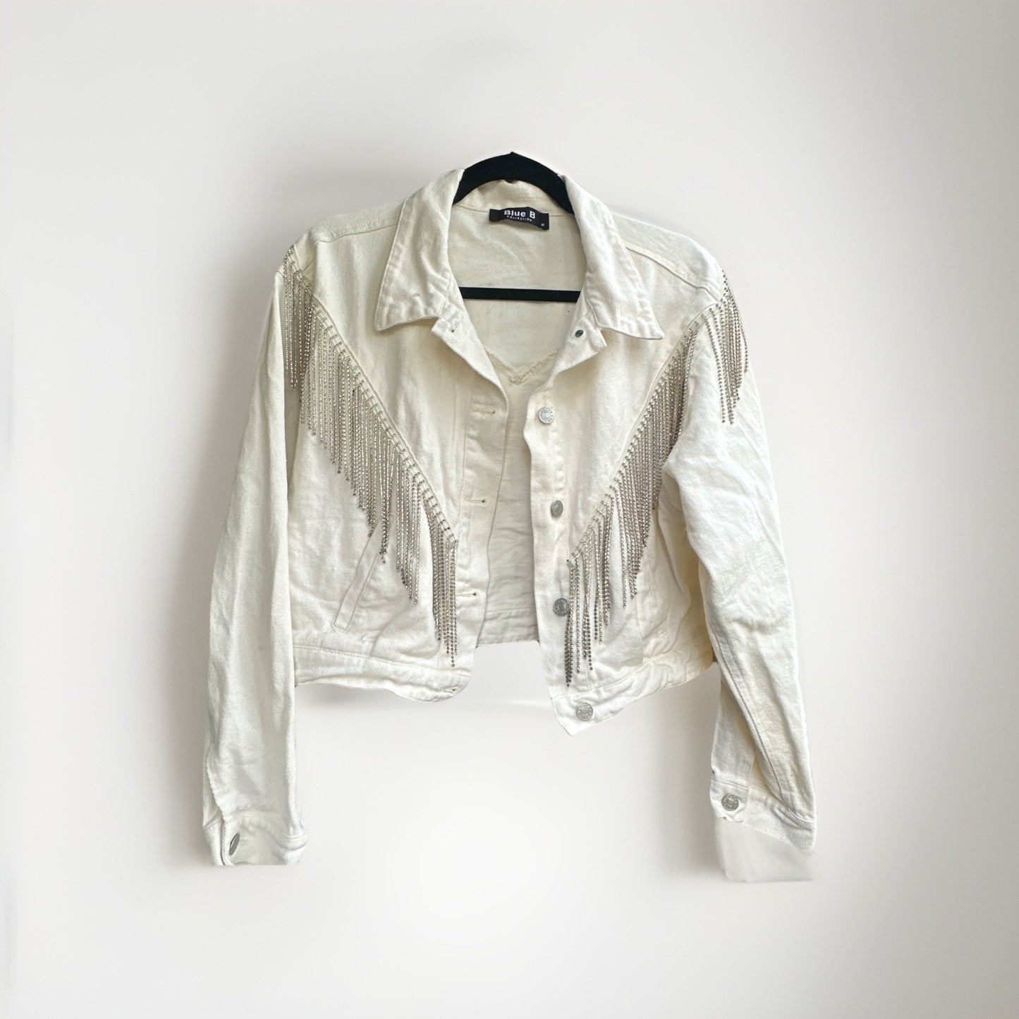 Blue B White Denim Fringe Button Jacket Rhinestone Tassel Cowgirl Cropped Size M