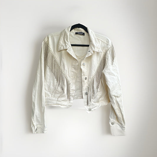 Blue B White Denim Fringe Button Jacket Rhinestone Tassel Cowgirl Cropped Size M