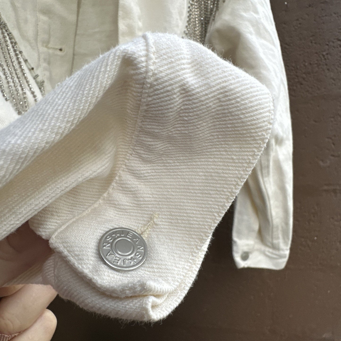 Blue B White Denim Fringe Button Jacket Rhinestone Tassel Cowgirl Cropped Size M