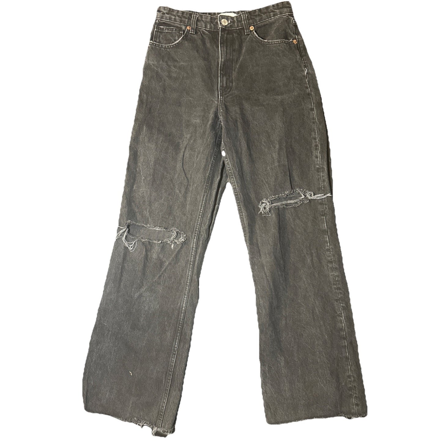 Zara High Rise Black Denim Jeans Cotton Sz 8 Turkey Straight Distressed 29x30