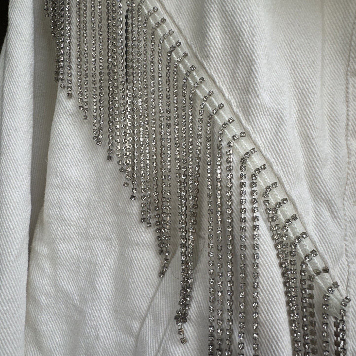 Blue B White Denim Fringe Button Jacket Rhinestone Tassel Cowgirl Cropped Size M