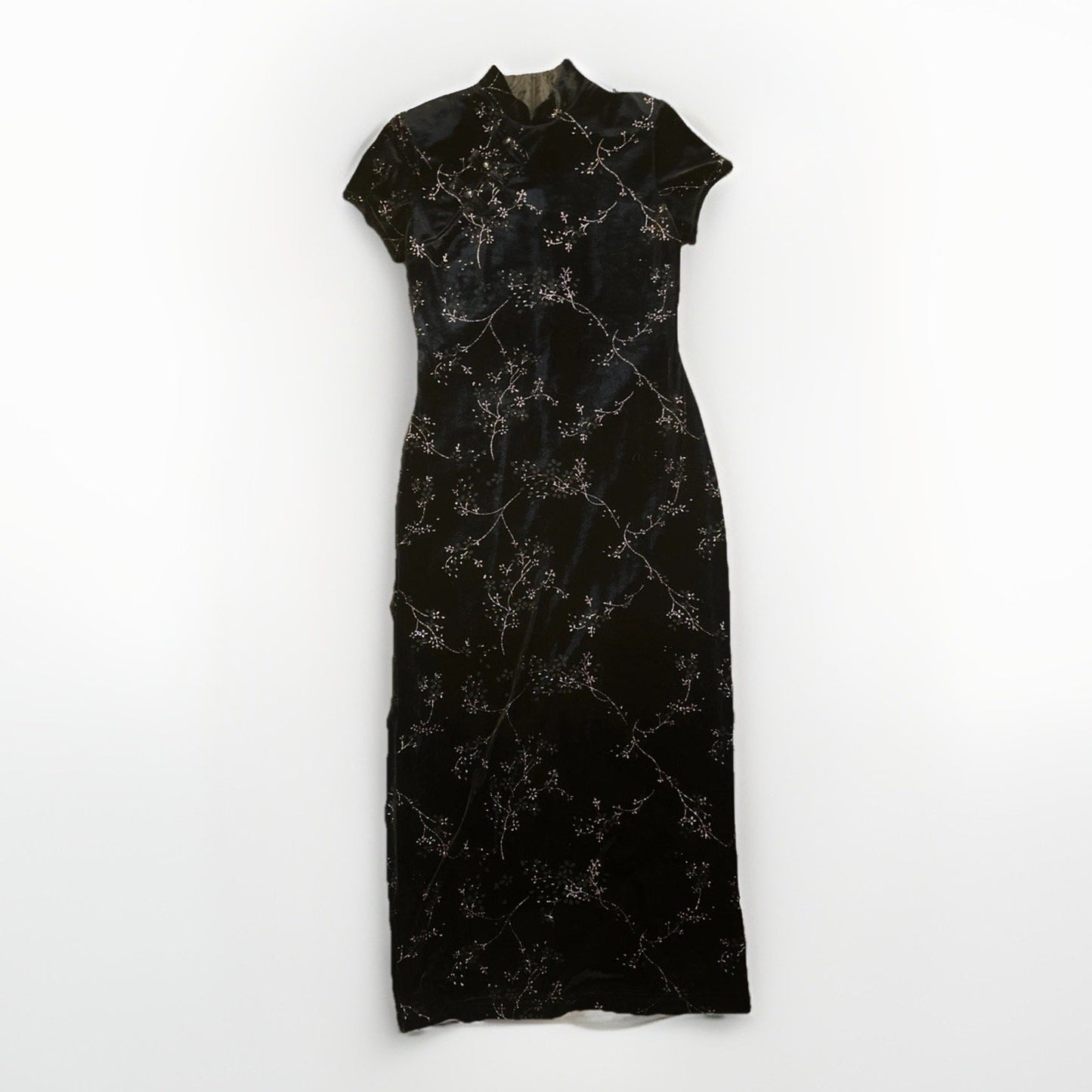 Dress Barn Velour Cherry Blossom Qipao Size 10 Shoulder Pads 90's Vtg Black 1C11