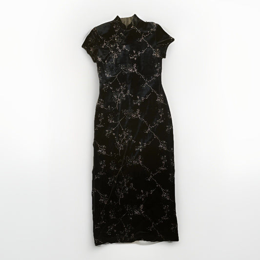 Dress Barn Velour Cherry Blossom Qipao Size 10 Shoulder Pads 90's Vtg Black 1C11