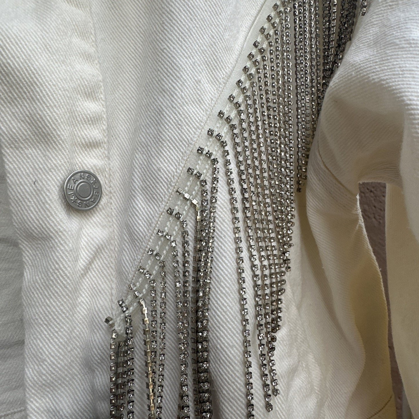 Blue B White Denim Fringe Button Jacket Rhinestone Tassel Cowgirl Cropped Size M
