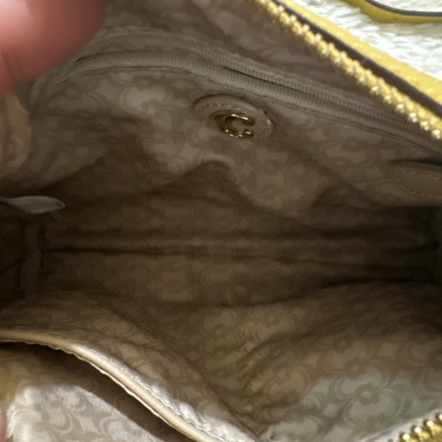 C Crossbody Bag Purse Mustard Yellow Faux Leather 10”x7” Gold Hardware