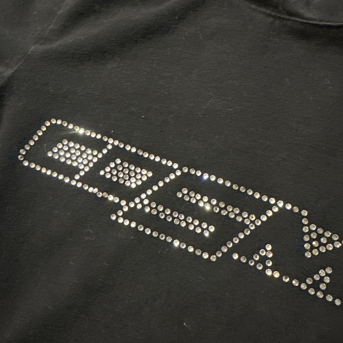 Black Crop Top “Cosmic” Rhinestone Womens Shirt Small Cotton Spandex