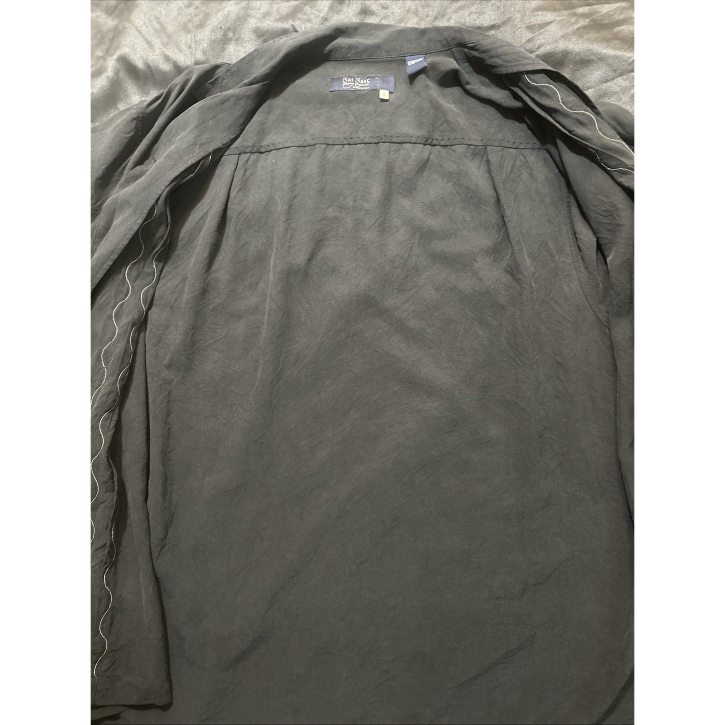 Nat Nast Luxury 100% Silk Button Down Shirt Mens L Onyx Black Bowling 1C19