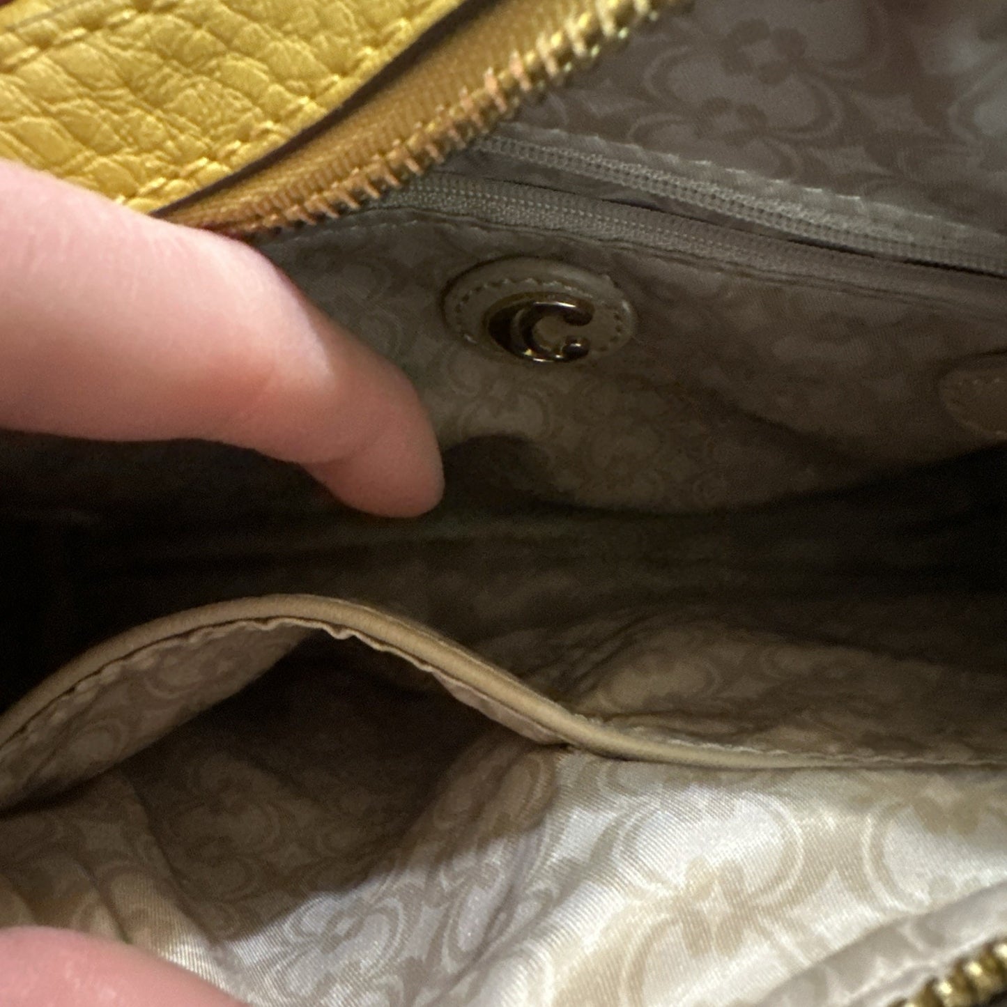 C Crossbody Bag Purse Mustard Yellow Faux Leather 10”x7” Gold Hardware