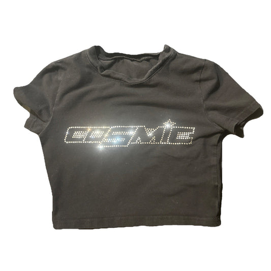 Black Crop Top “Cosmic” Rhinestone Womens Shirt Small Cotton Spandex