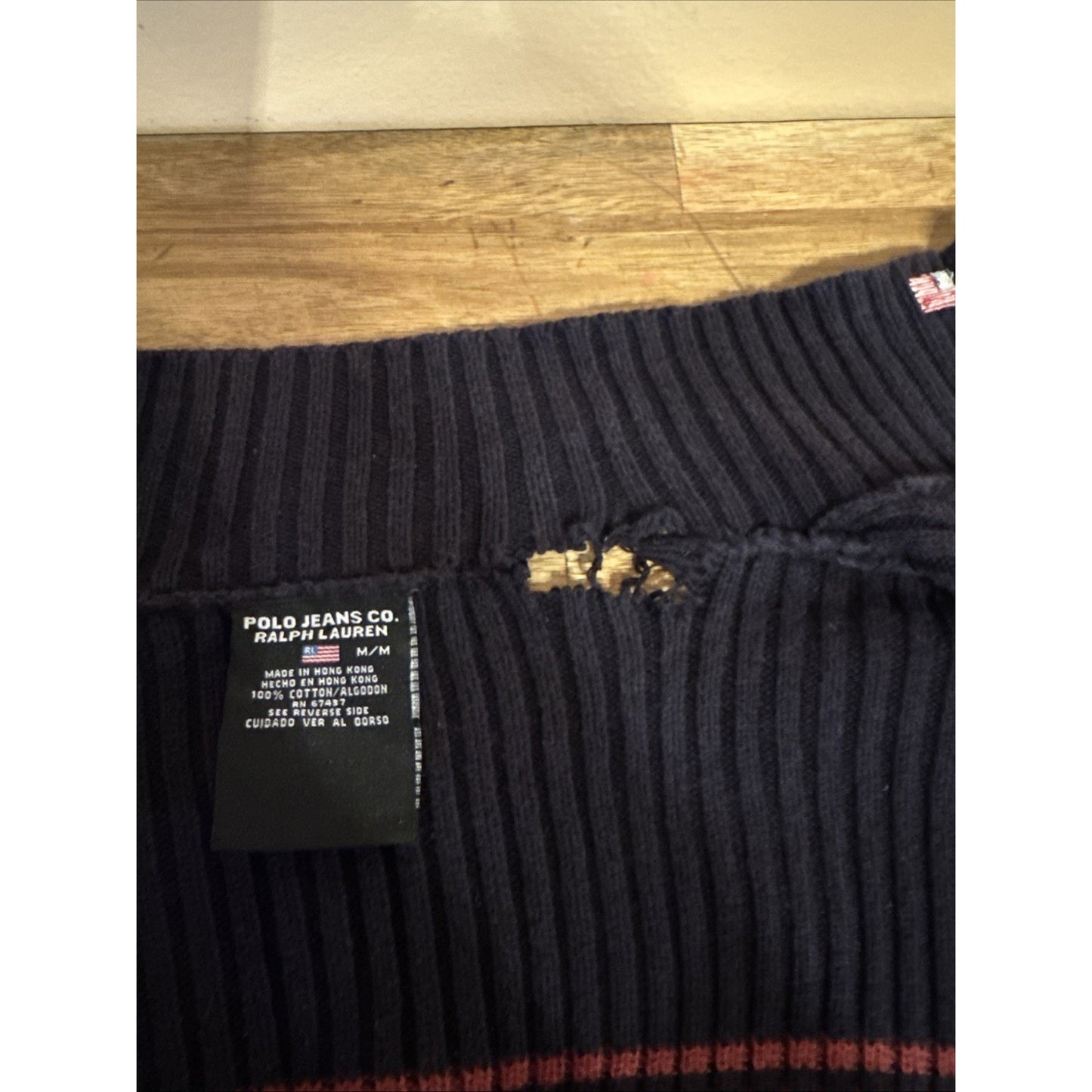 VTG Y2K Polo Ralph Lauren Women Blue Knit Zip Ribbed Flag Sweater M Ripped C5