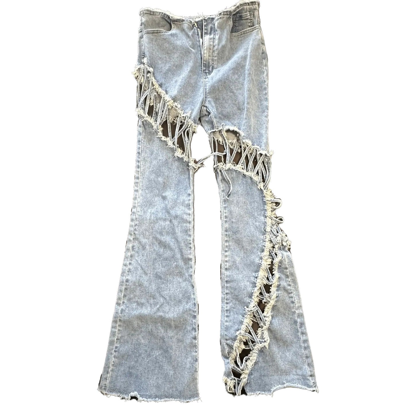 Fashion Nova Womens High Rise Flare Jeans Size 11 Lace Up Cutout Distressed