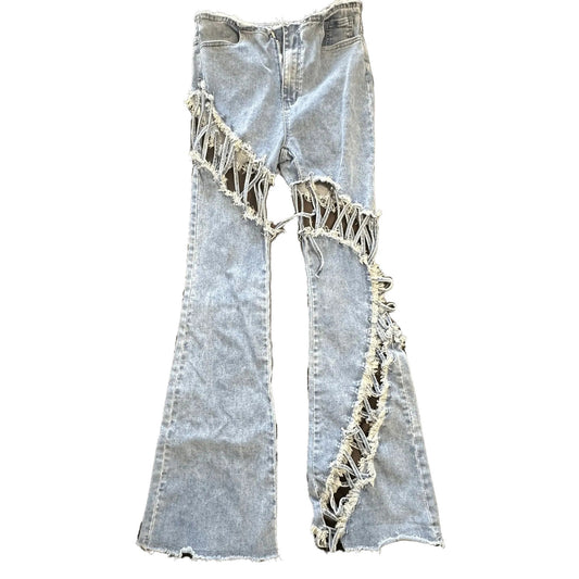 Fashion Nova Womens High Rise Flare Jeans Size 11 Lace Up Cutout Distressed