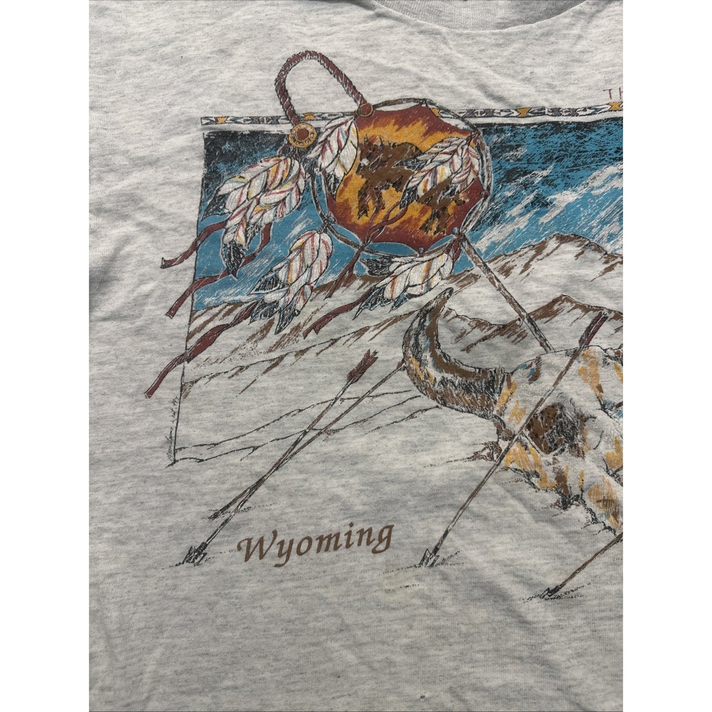 Vtg Tultex T Shirt Wyoming Destination Tee Gray Size L Buffalo Skull 1D29