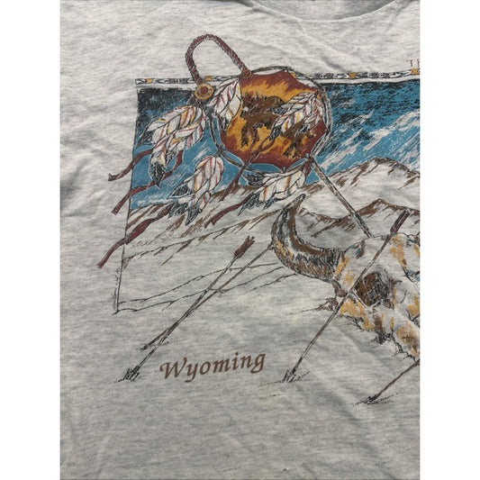 Vtg Tultex T Shirt Wyoming Destination Tee Gray Size L Buffalo Skull 1D29