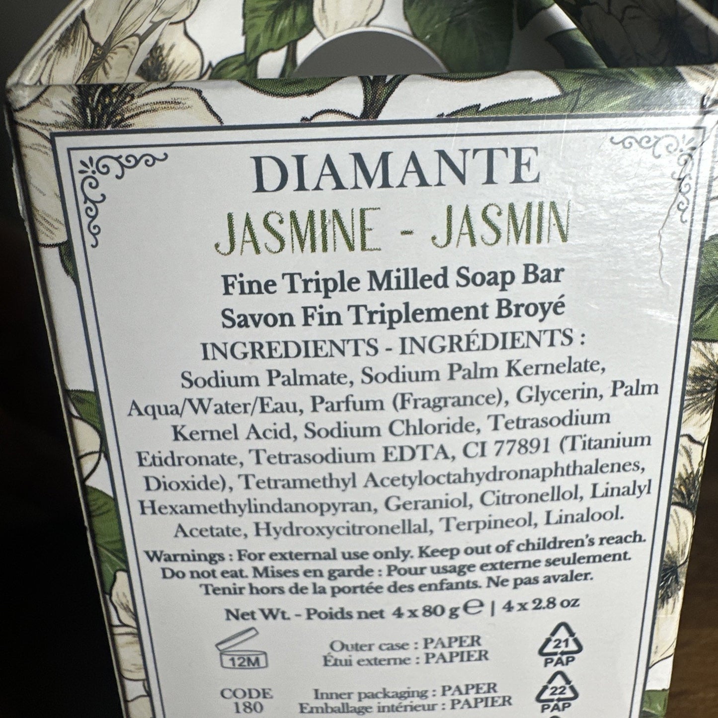 Diamante Jasmine Italian Soap Bars 4-Pack 2.8 oz each NEW IN BOX SEALED