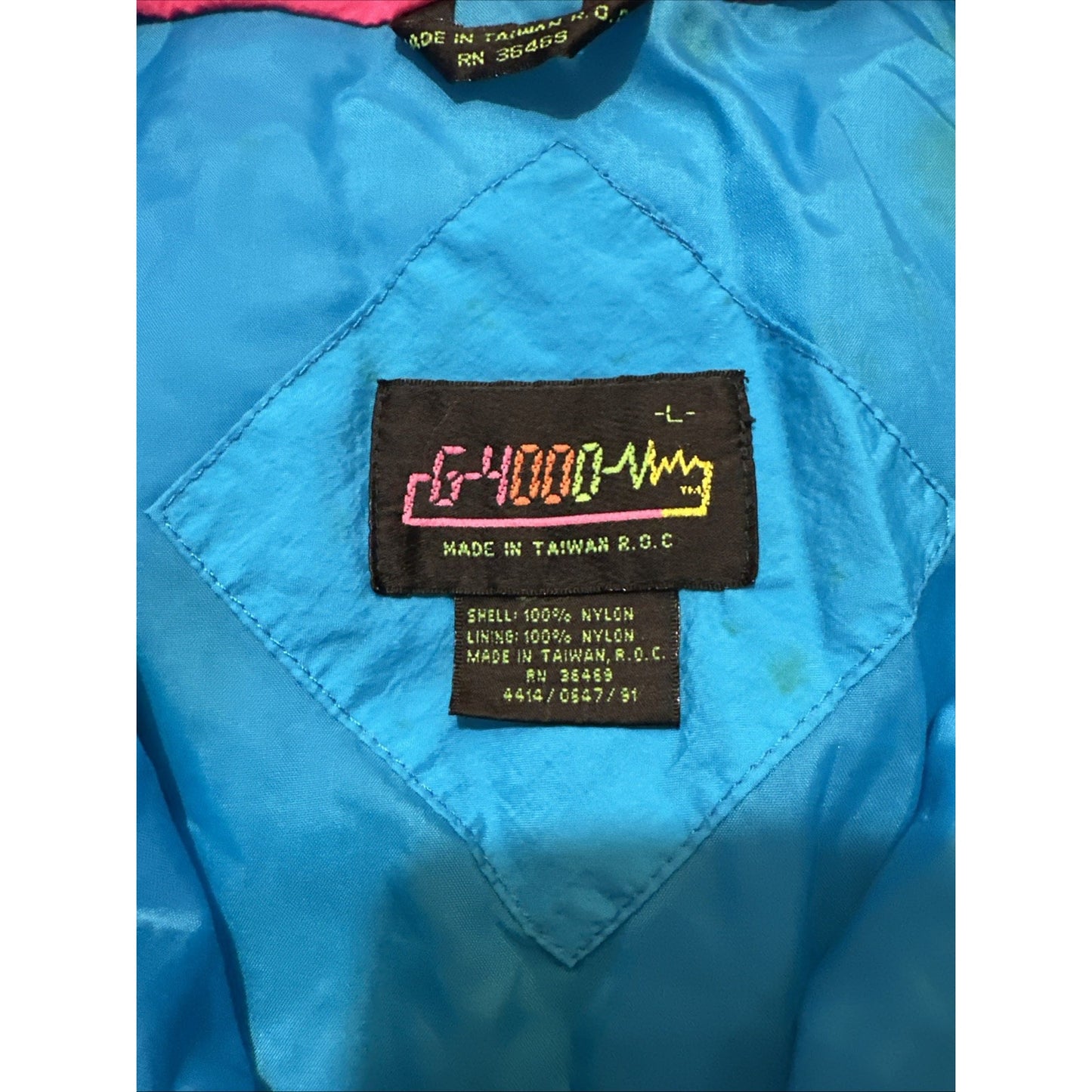 Vtg E-4000 Nylon Full Zip Windbreaker Jacket Size L Blue/Multi-Color Taiwan 1D26