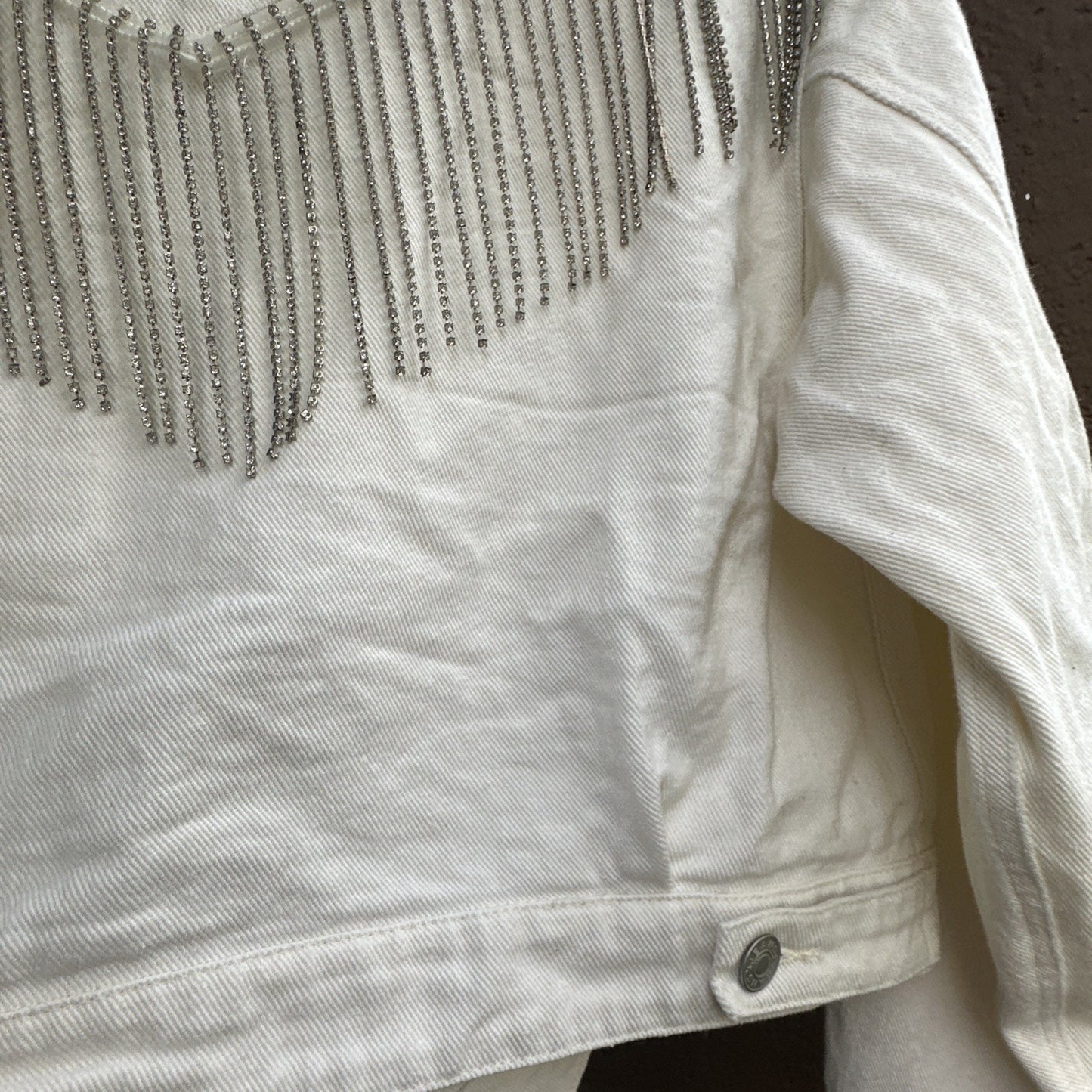 Blue B White Denim Fringe Button Jacket Rhinestone Tassel Cowgirl Cropped Size M