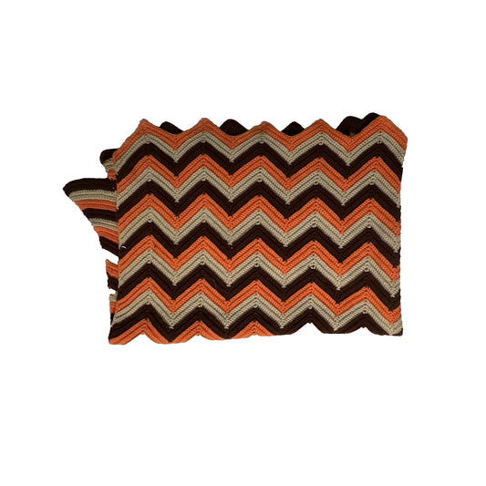 Handmade Chevron Yarn Blanket Afghan 54"x40" Orange Brown Hand Crochet
