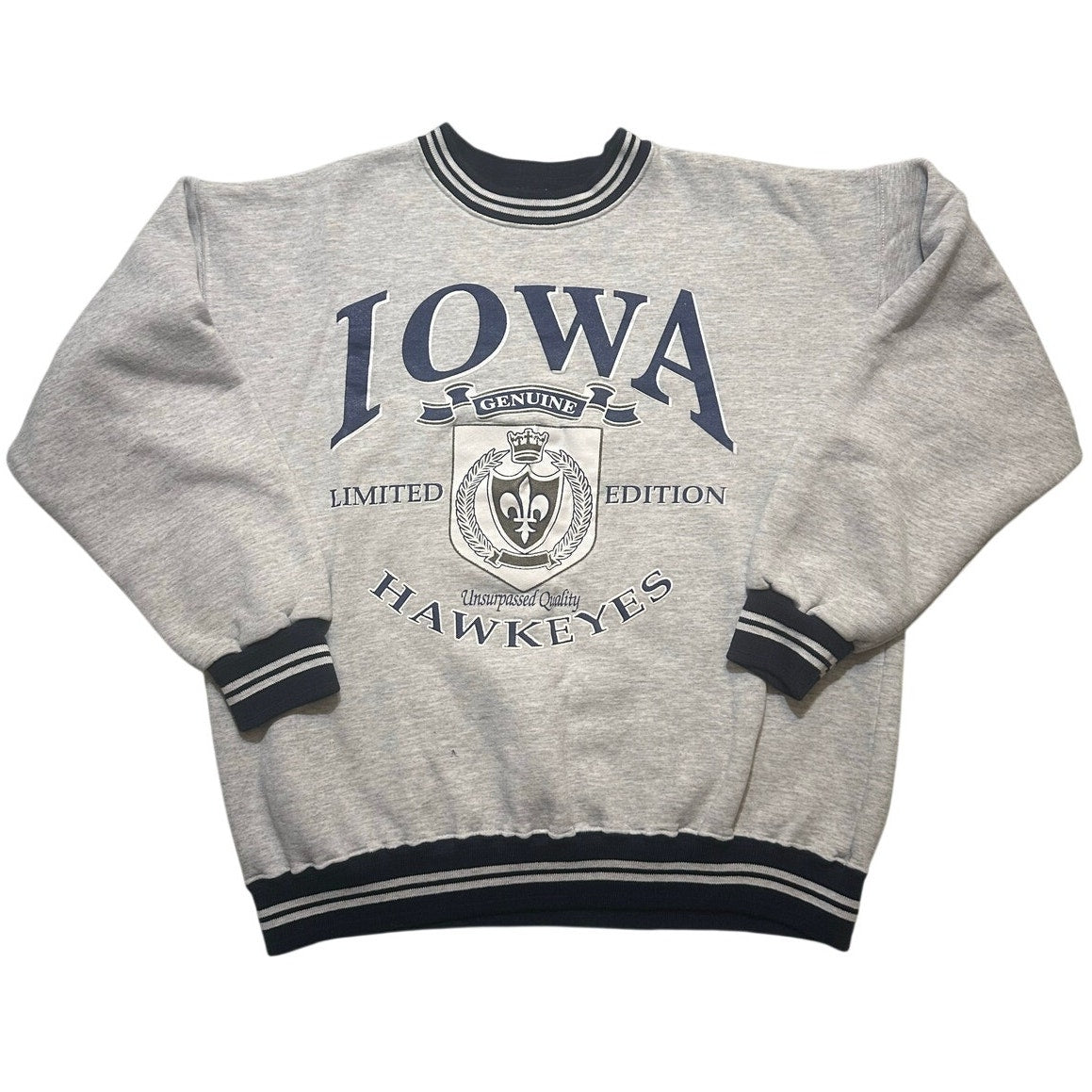 Vtg Dodger Iowa Hawkeyes Pullover Sweatshirt Size L Gray Navy Blue Ringer USA