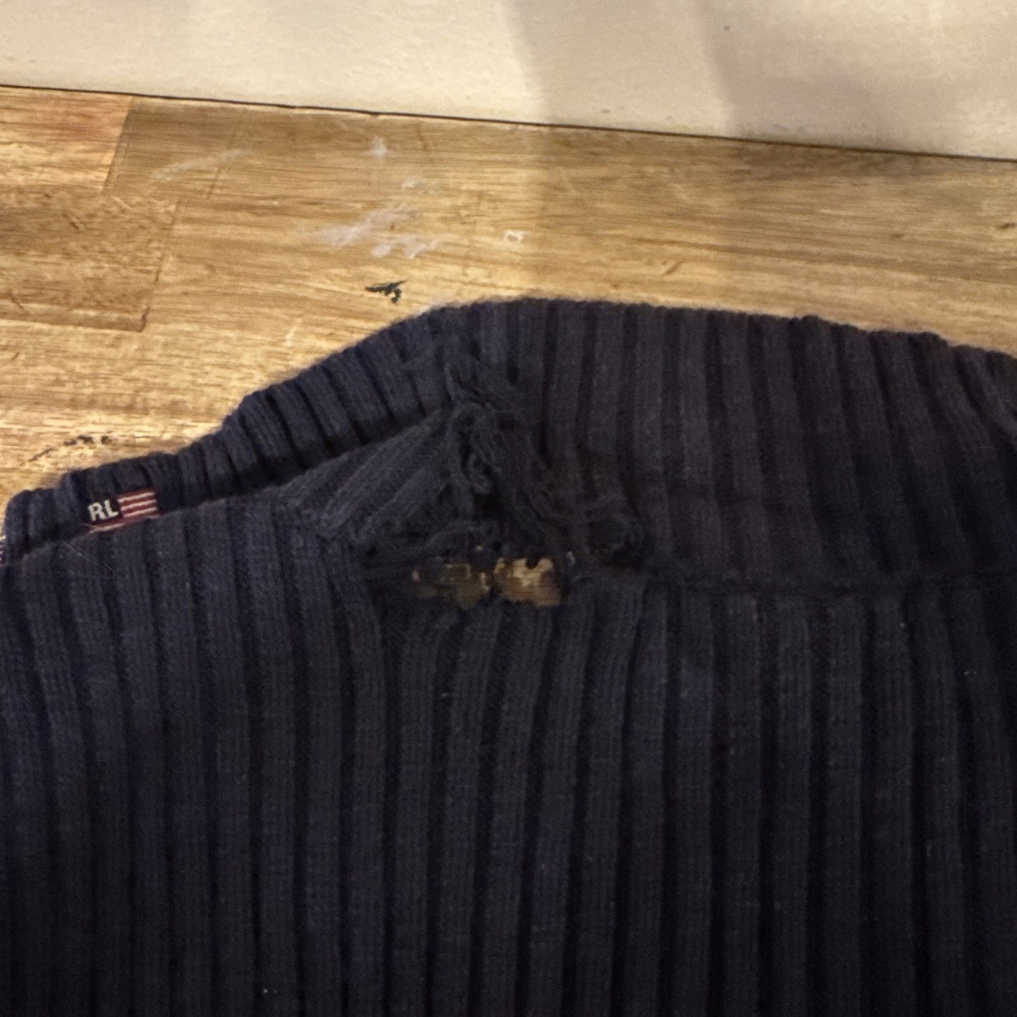 VTG Y2K Polo Ralph Lauren Women Blue Knit Zip Ribbed Flag Sweater M Ripped C5