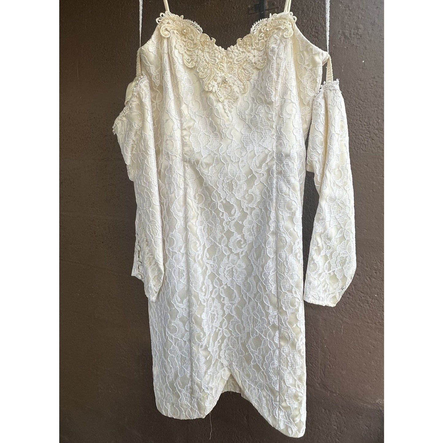 True Vtg Steppin Out Dress White Lace Glitter Detached Sleeves Size 11 USA Made