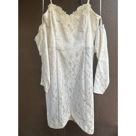 True Vtg Steppin Out Dress White Lace Glitter Detached Sleeves Size 11 USA Made