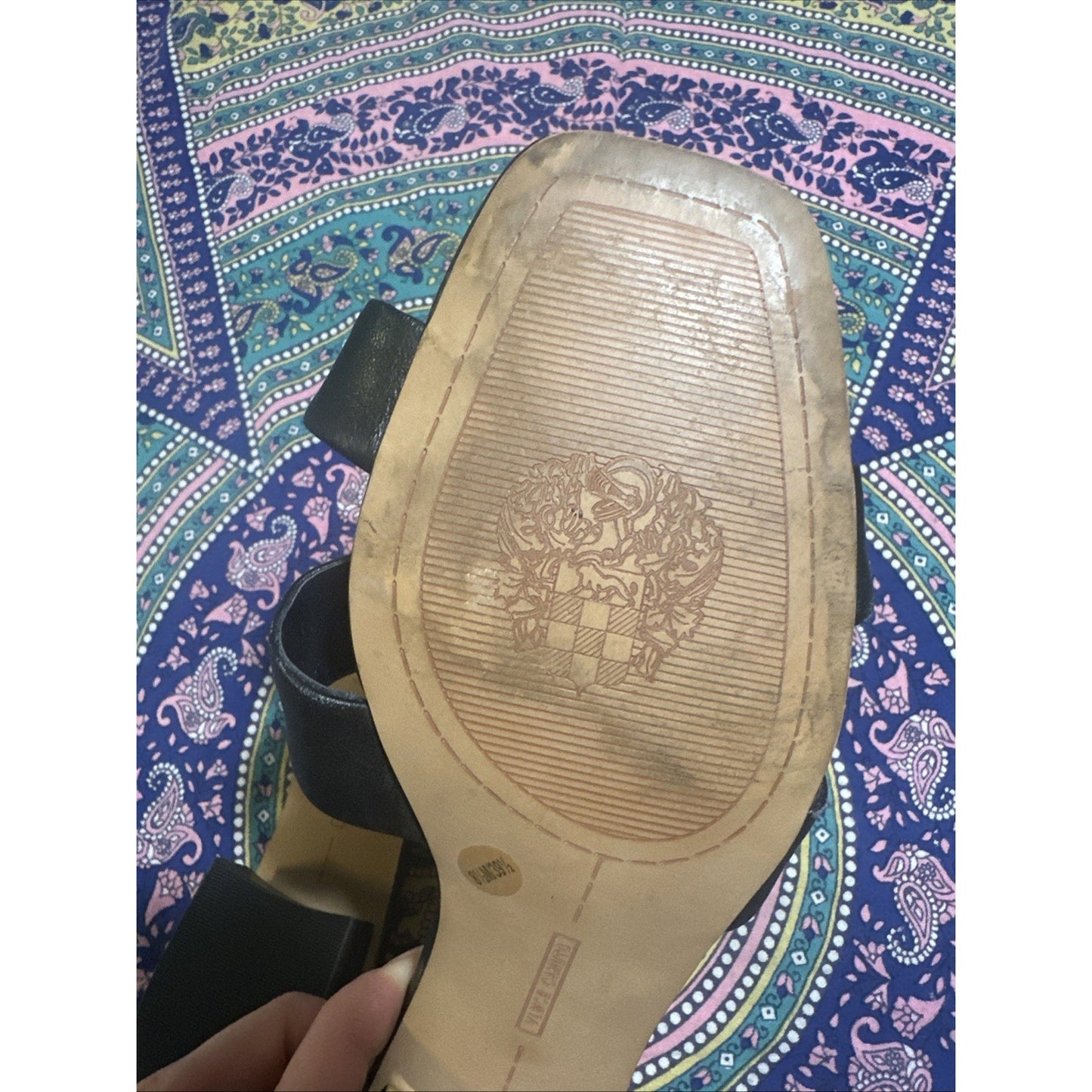 Vince Camuto Strappy Leather Slip on Sandals Gold Accents Heavy Heel Size 8.5