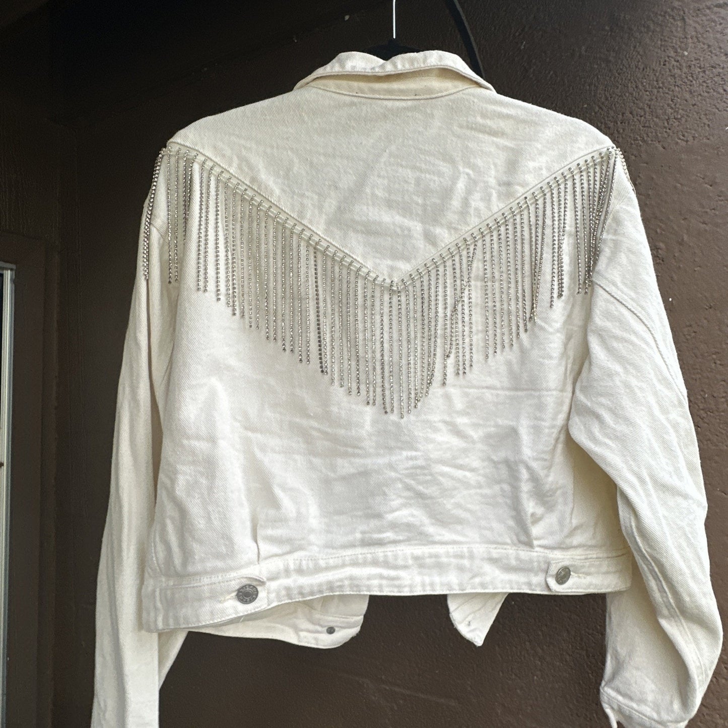 Blue B White Denim Fringe Button Jacket Rhinestone Tassel Cowgirl Cropped Size M