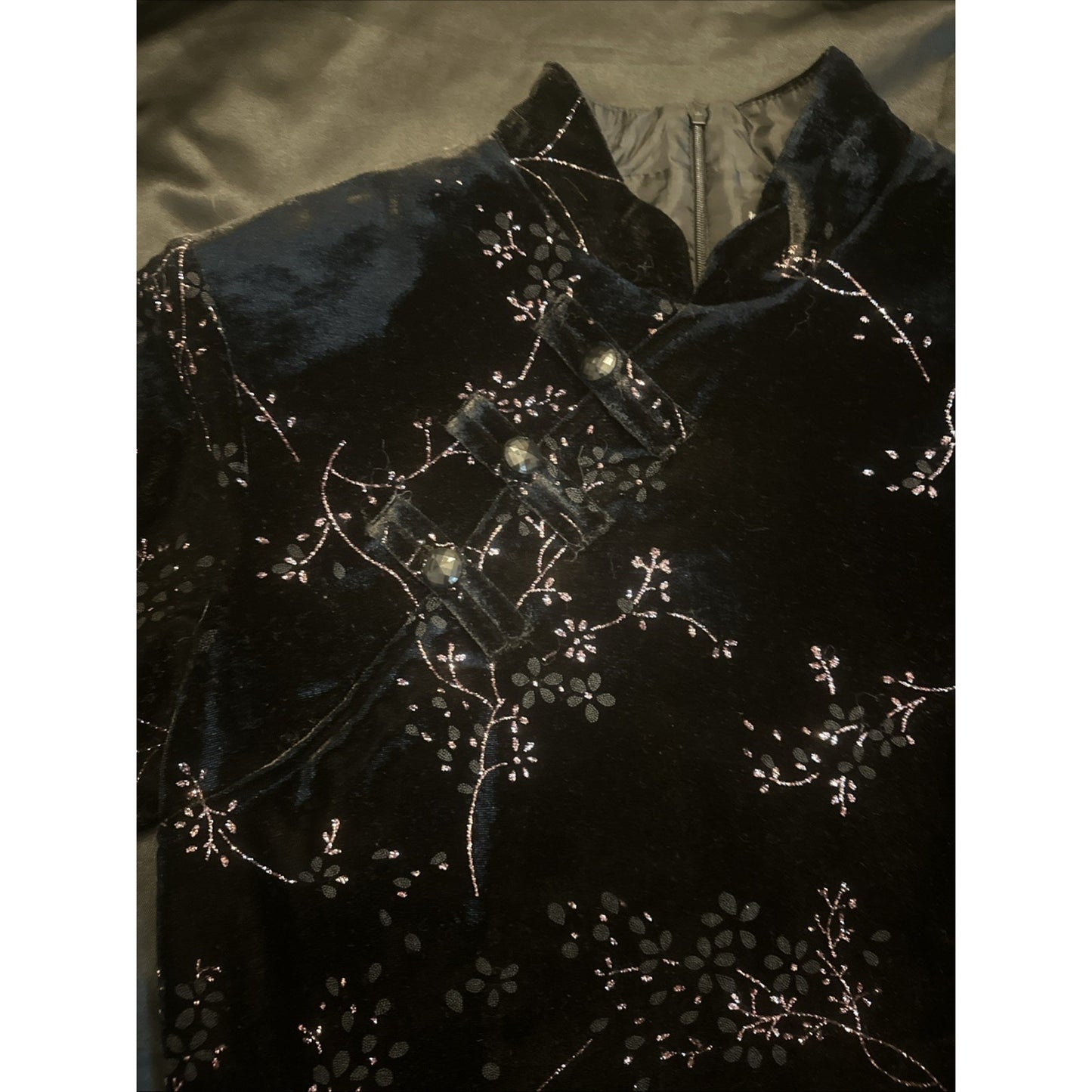 Dress Barn Velour Cherry Blossom Qipao Size 10 Shoulder Pads 90's Vtg Black 1C11