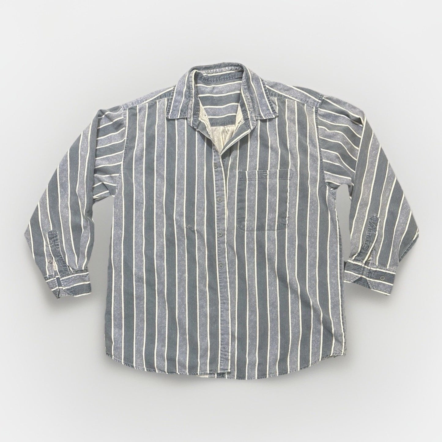 Vtg Heavy Cotton Button Down Shirt Blue Stripes L/XL 25" PTP High Quality 1A01