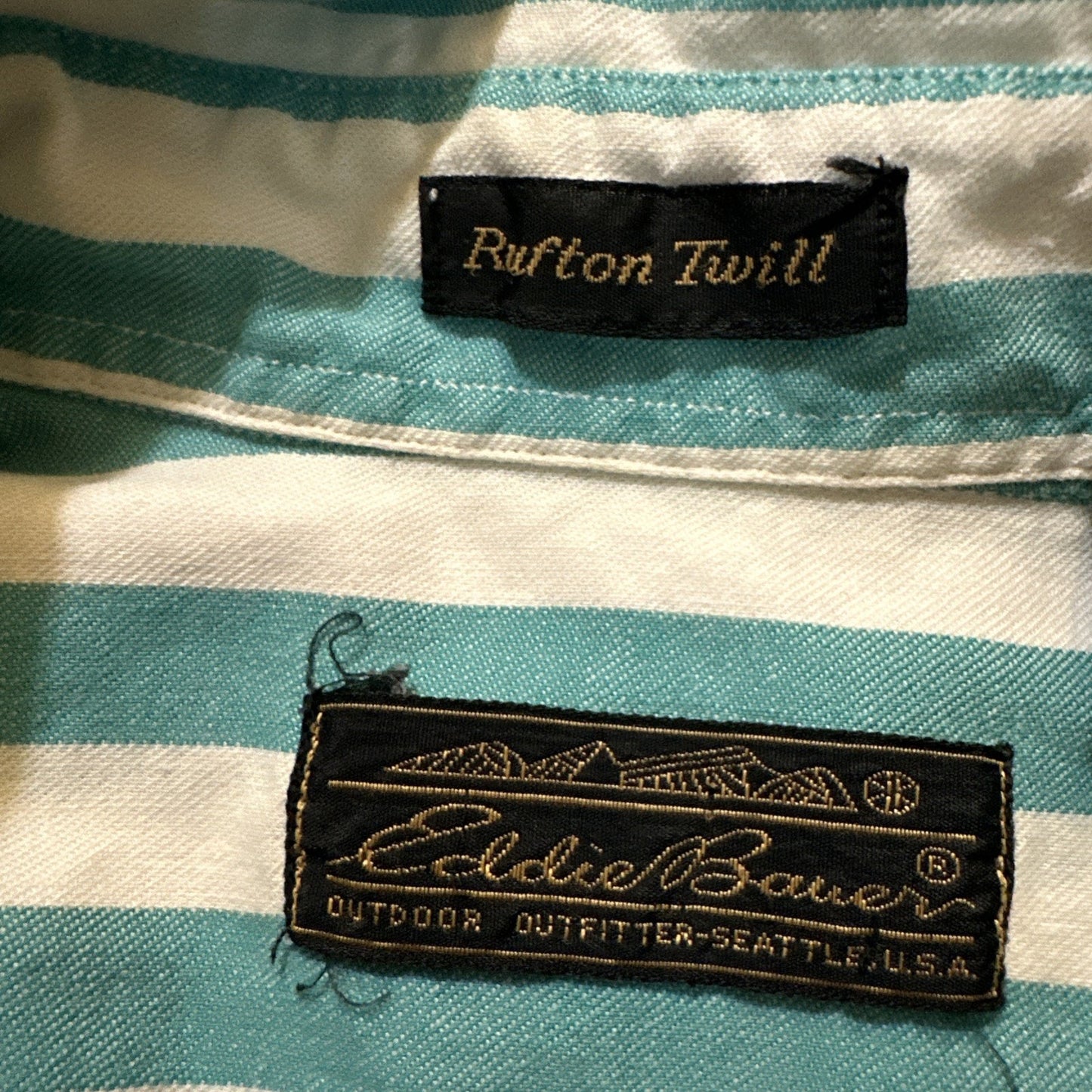 Vtg Eddie Bauer M Rufton Twill Turquoise Striped Casual Button Shirt USA 1A16